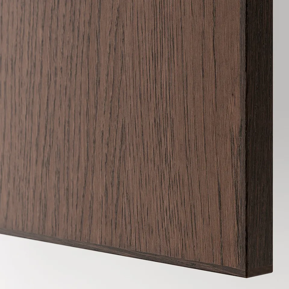 Dark brown wooden drawer with sleek, smooth surface and visible grain texture.