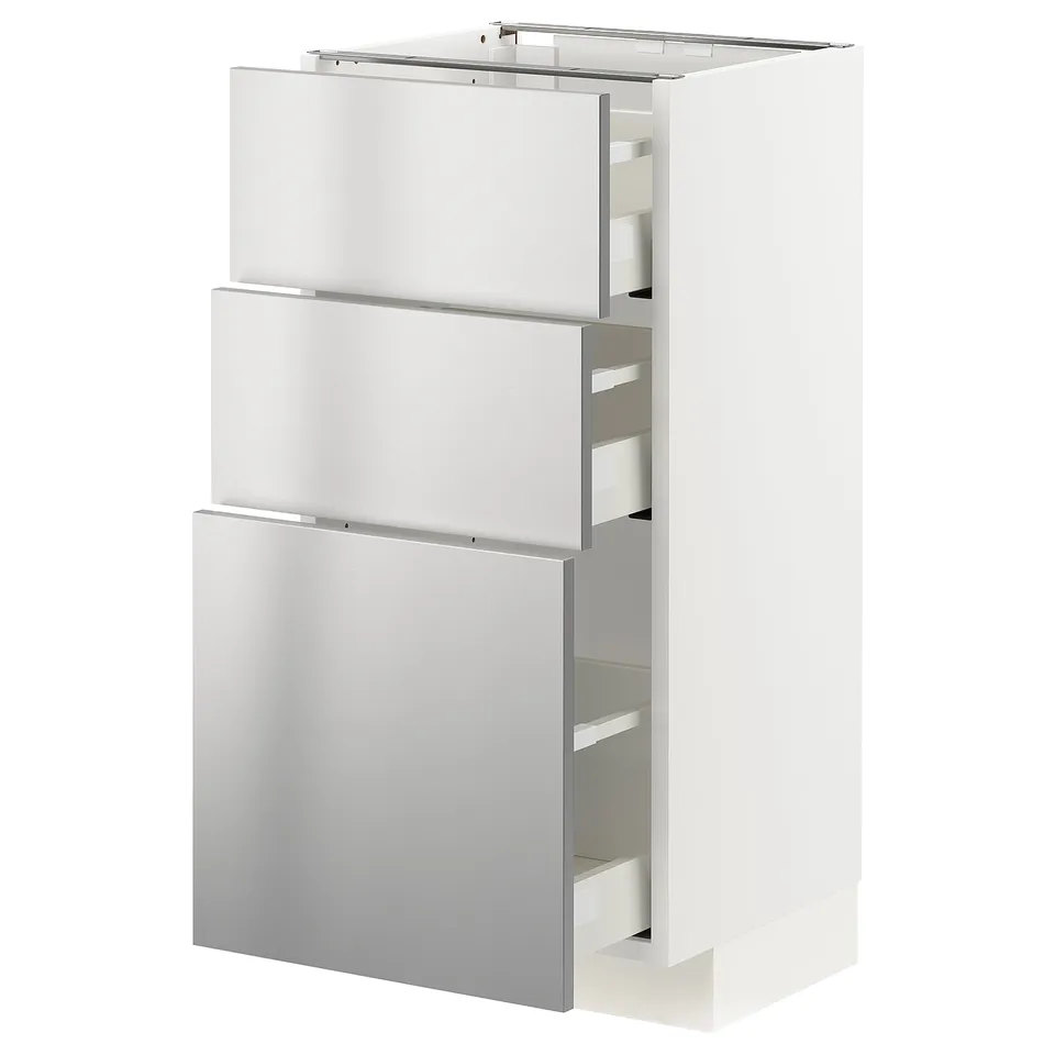 Modern white METOD kitchen unit with stainless steel drawers.