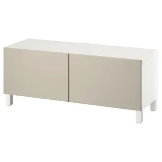 BESTÅ TV bench with doors, white Lappviken/Stubbarp/light grey/beige, 120x42x48 cm