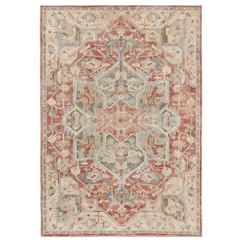 A red, beige, and blue JÄRNVÄG area rug with intricate patterns. Its rectangular and made from recycled materials.