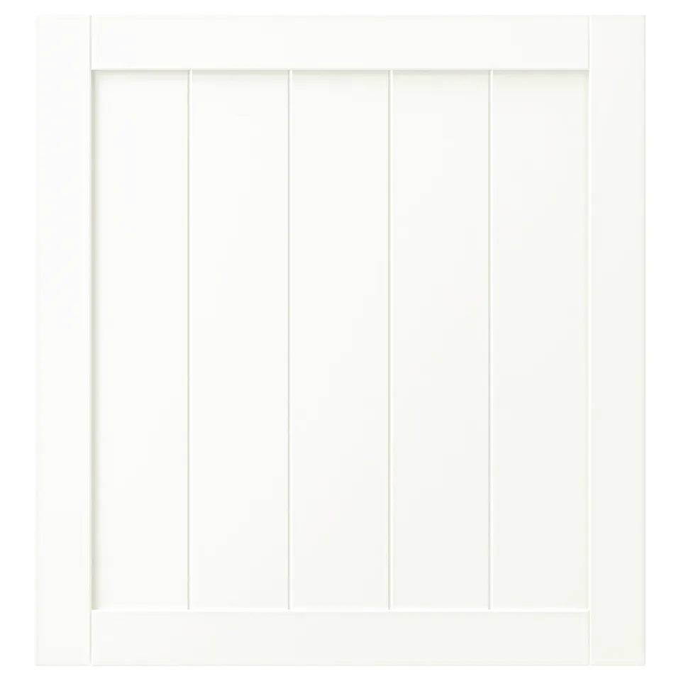 A white rectangular cabinet door with five vertical wooden panels.