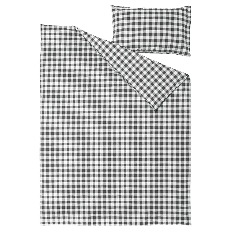 EKTANDVINGE gray-white check bedding set: 1 duvet, 2 pillowcases, 100% organic cotton.