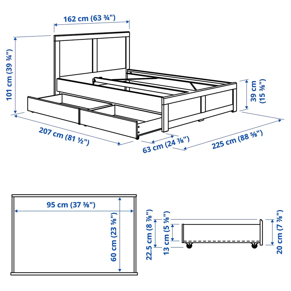 FÅGELFJÄLLET Bed frame with 2 storage boxes, off-white/Lönset, 150x200 cm