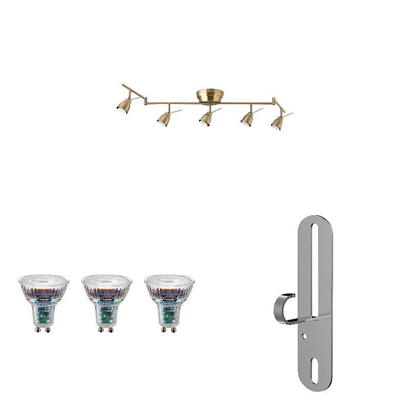 BAROMETER/FÖRUT/SOLHETTA set: ceiling track, 5-spots + LED bulb GU10 230 lumen + pendant/ceiling lamp hook, brass-colour, Length 131 cm