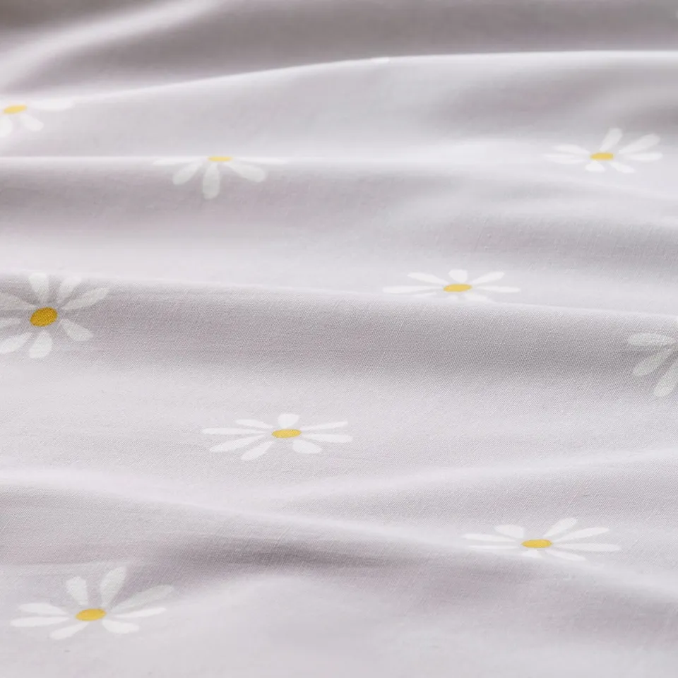 Light grey duvet with soft white daisies, tightly woven crisp cotton.