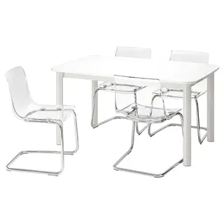 STRANDTORP / TOBIAS table and 4 chairs, white/transparent, 150/205/260x95 cm