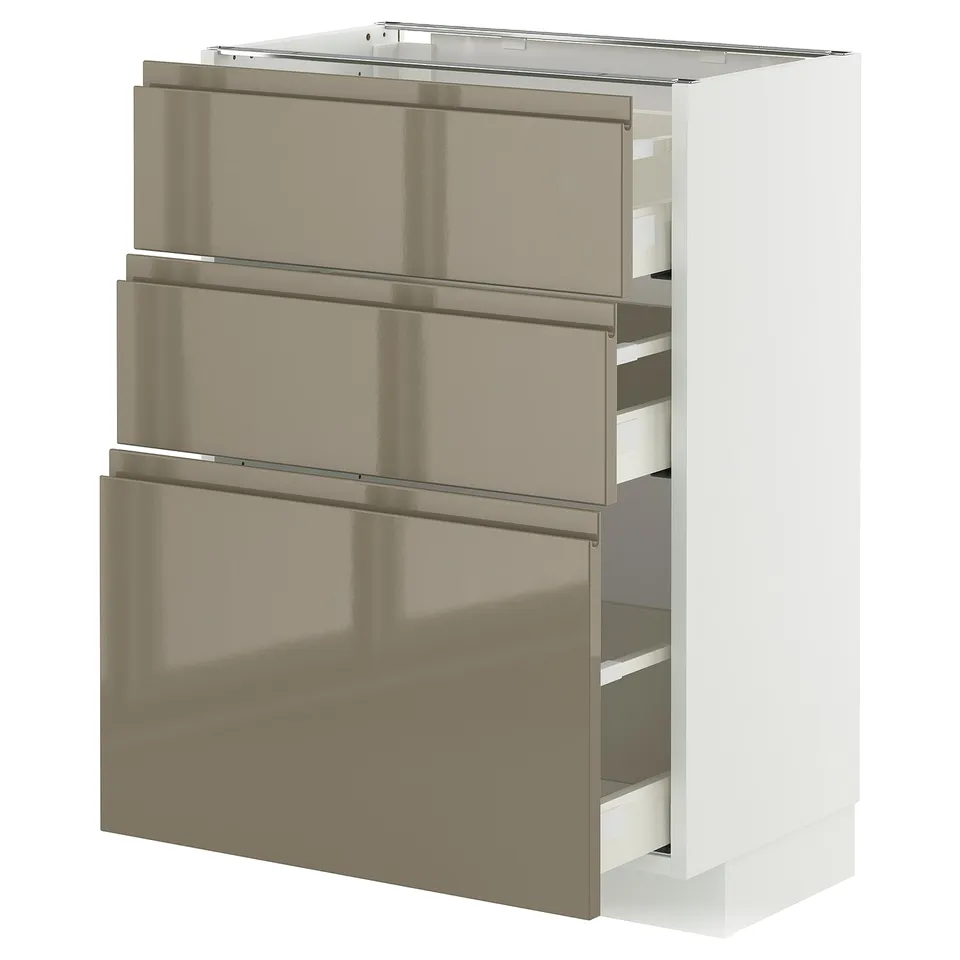 Modern kitchen unit with three high-gloss dark grey-brown drawers.