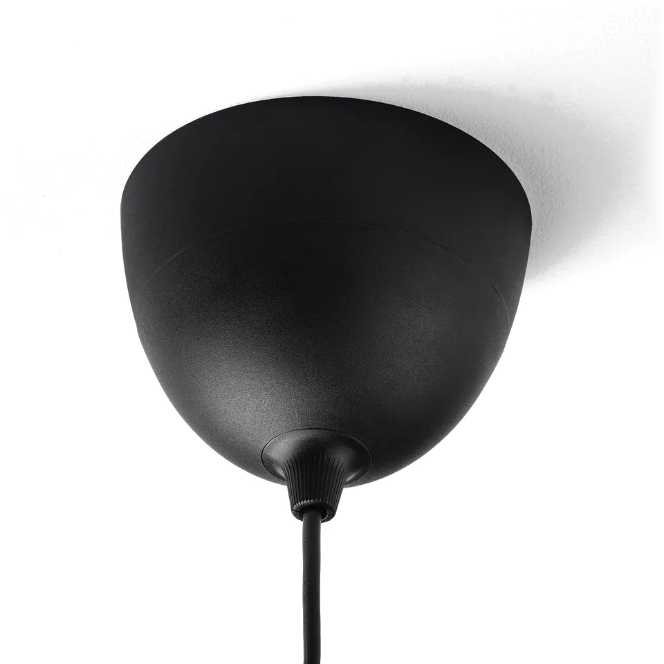 Black ceiling-mounted lamp with sleek, rounded shade and adjustable cord. Modern design, high quality.