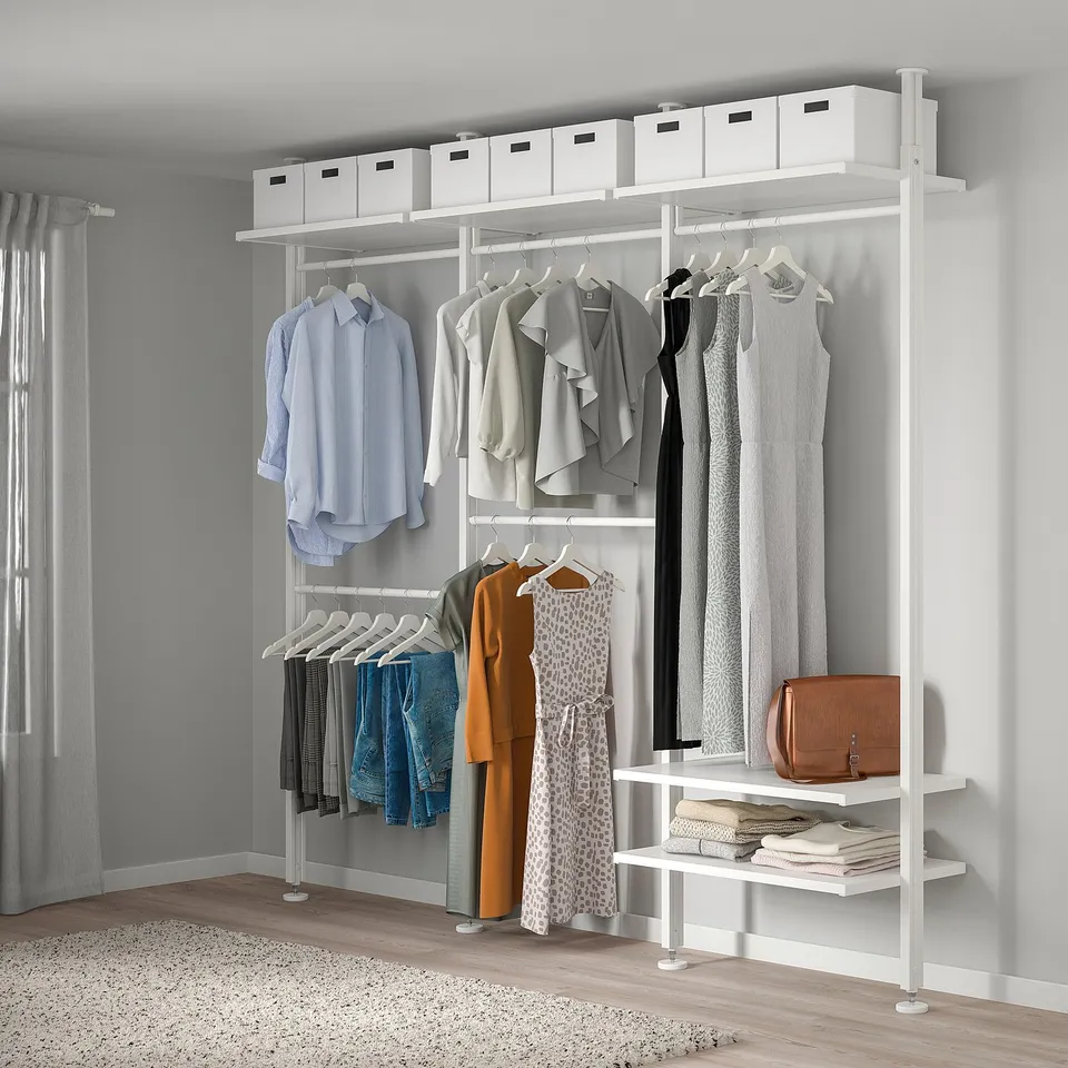 ELVARLI white storage with clothes & shelves.