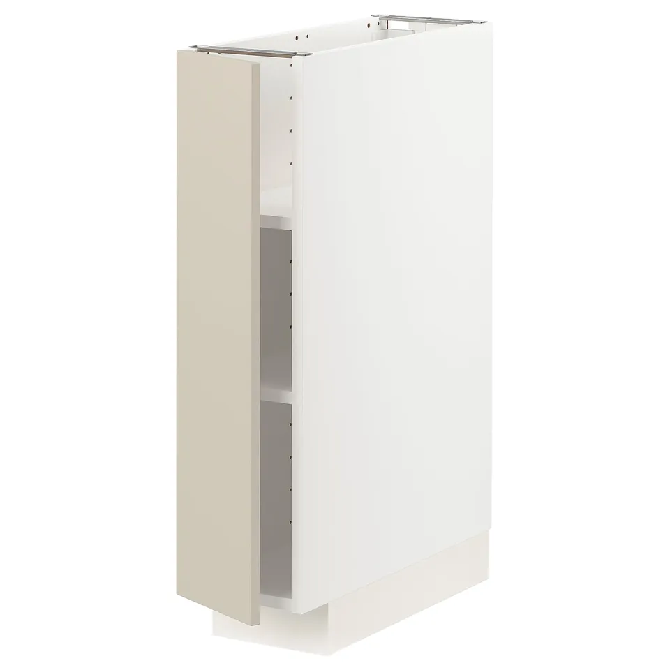 METOD kitchen unit in beige with white cabinet, adjustable shelves, and nickel-plated hinges.