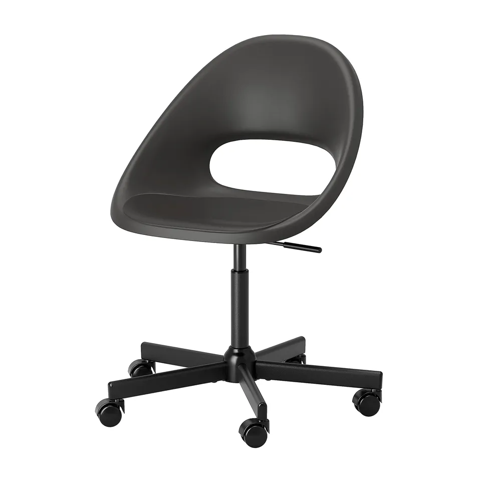 ELDBERGET black office chair, ergonomic design with adjustable height, swivel base, and casters.