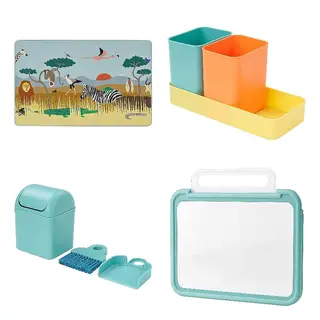 BÖNSYRSA/SANDLÖPARE set: desk pad + organiser + cleaning set + book holder, multicolour animals on the savannah + multicolour + turquoise + foldable, 38x60 cm