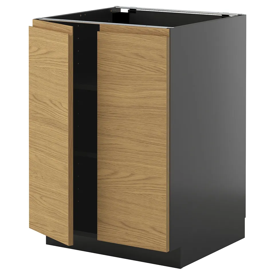 Modern black and oak kitchen cabinet from ikea METOD system with minimalist design and integrated handles.