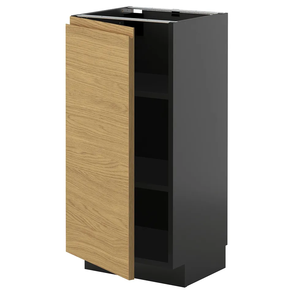 A modern kitchen cabinet named METOD with a light brown wooden door and a dark grey base. It has a minimalist design with integrated handles.