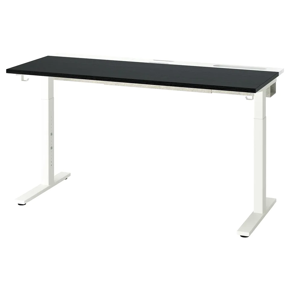 MITTZON black desk, adjustable height, sleek design, white legs, modern office furniture.