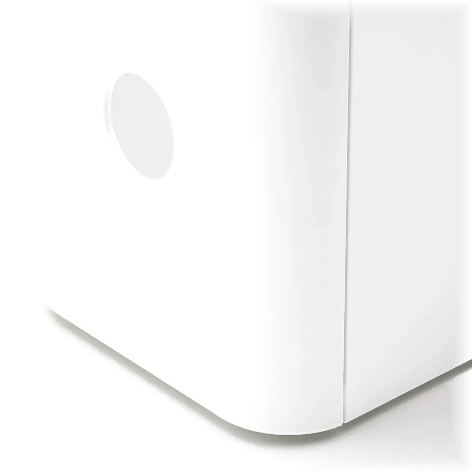Image shows a sleek, white magazine holder with round cut-out top, made from durable, partially recycled pet plastic.