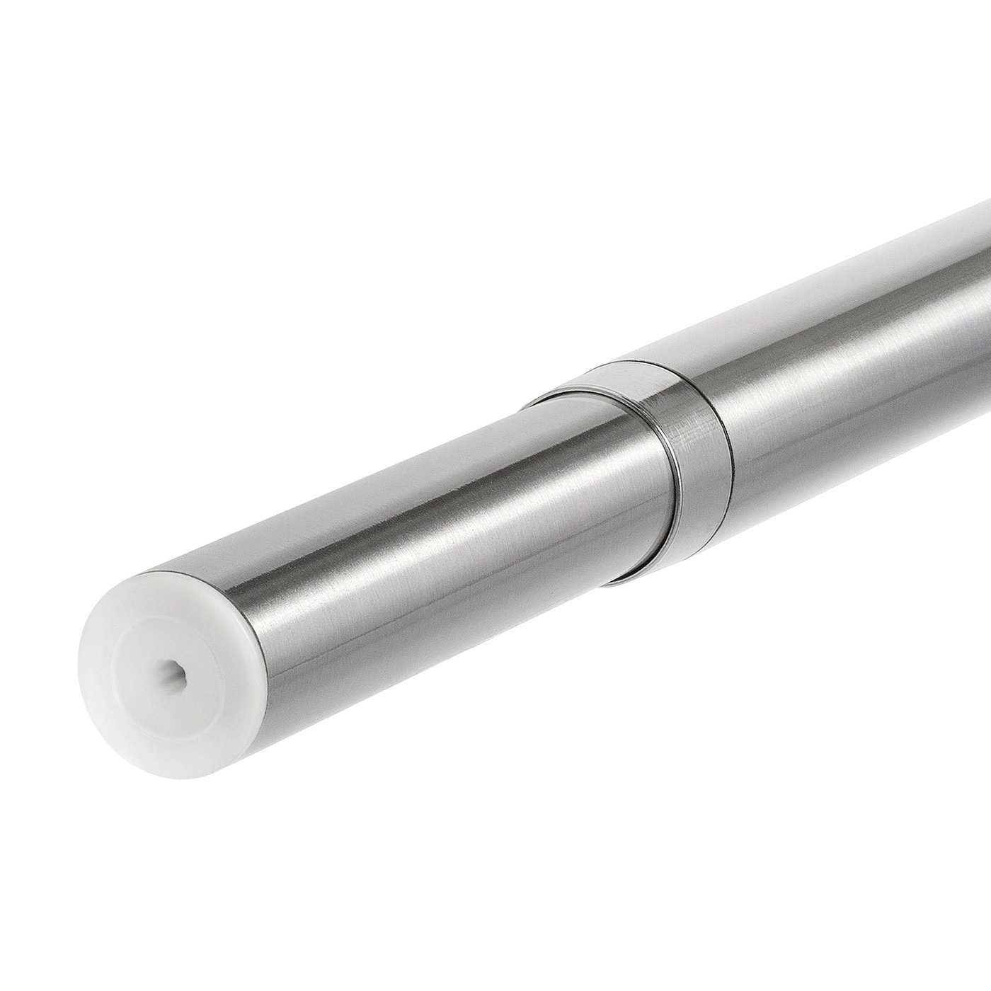 Silver metallic curtain rod with adjustable length, smooth finish, and durable construction. One white plastic sleeve visible.