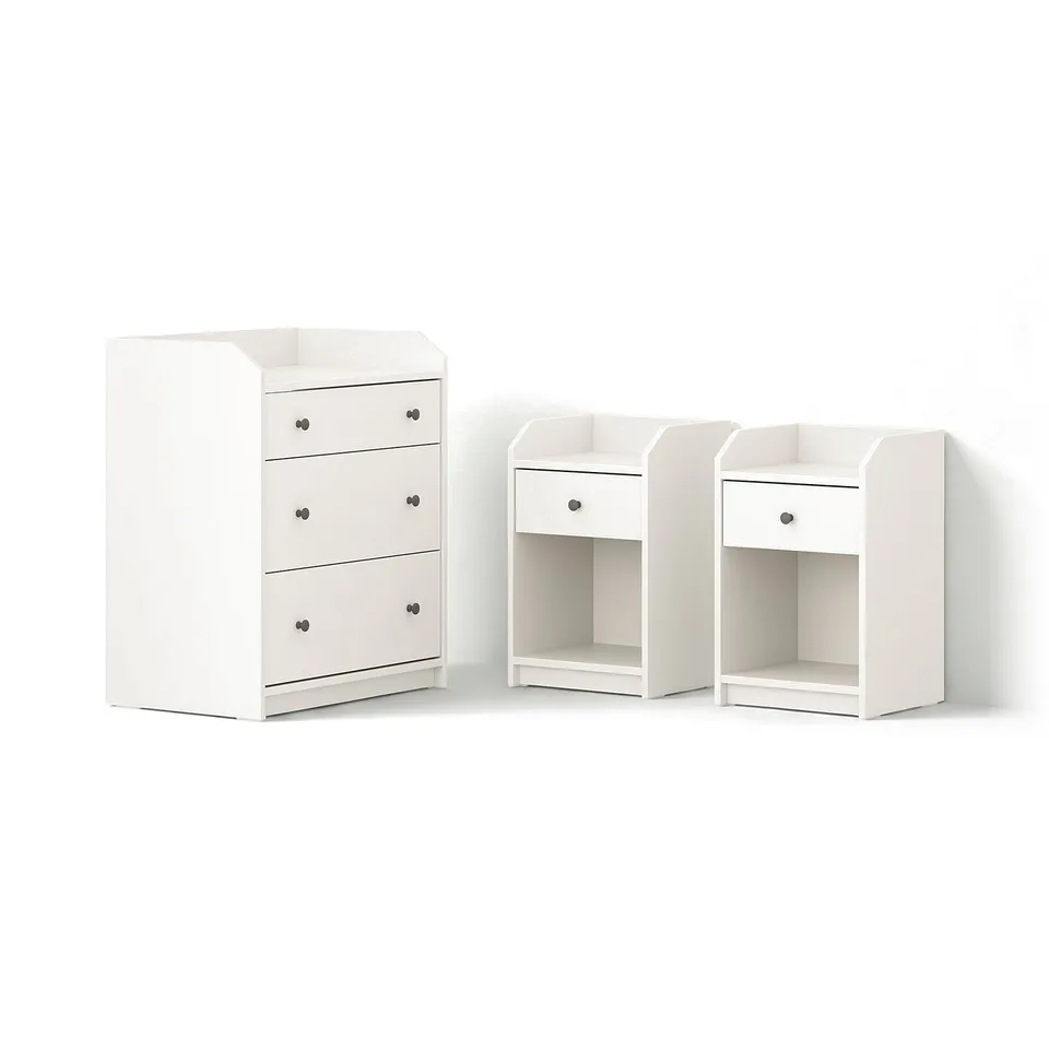Three-piece HAUGA bedroom set: tall white dresser with three drawers, two matching nightstands. Clean, minimalist design.