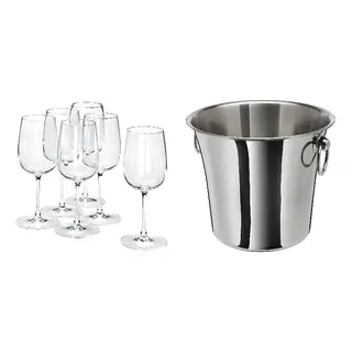SOLDRÄNKT/STORSINT set: white wine glass + wine cooler, clear glass + stainless steel, Height 20 cm