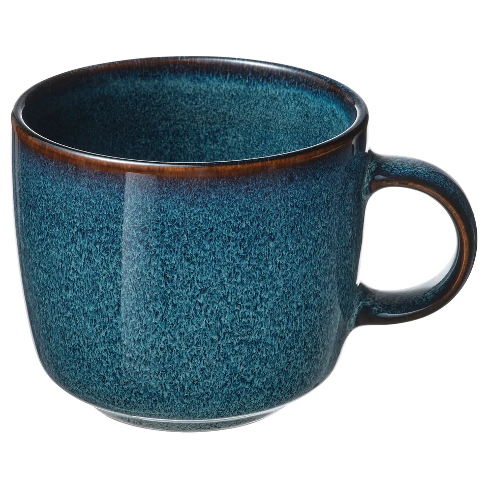 Ocean blue GLADELIG mug, stoneware with golden rim, round shape, textured glaze.