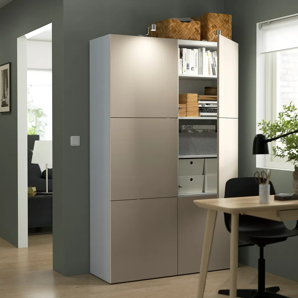 Modern storage unit with open shelves and closed cabinets, showcasing adjustable shelves and a push-open door.