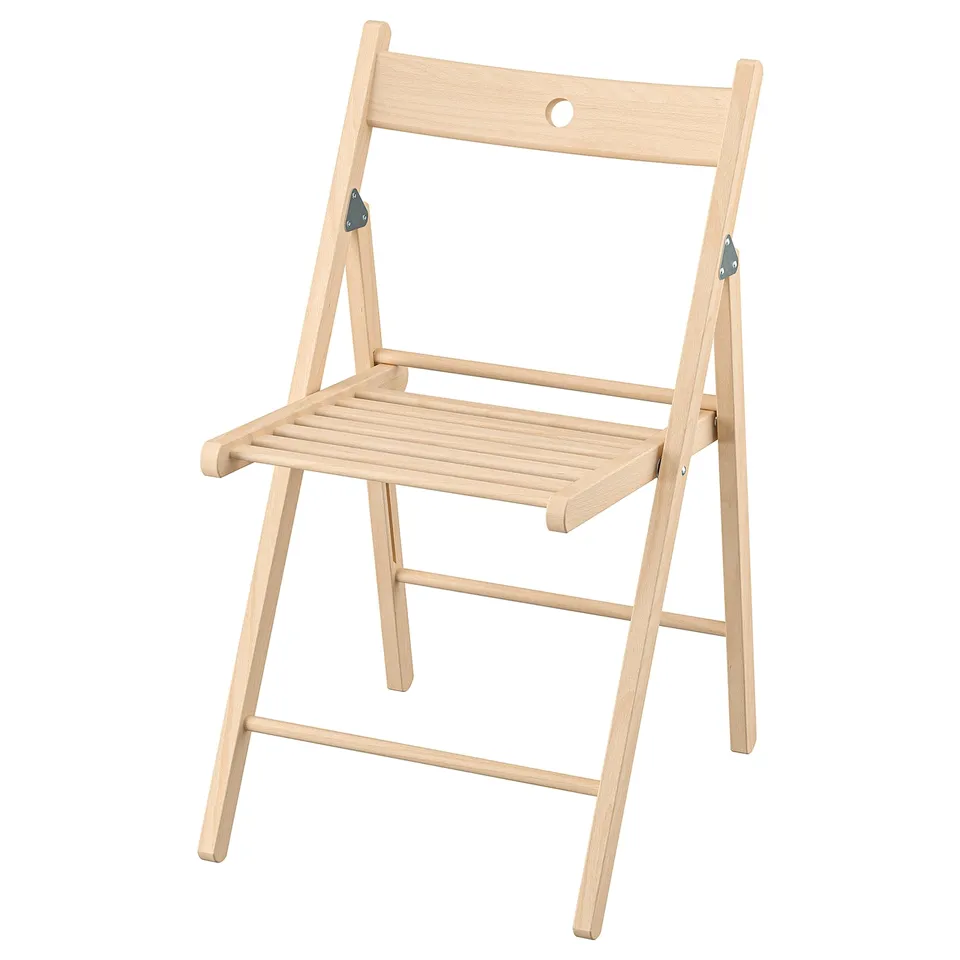 Furniture: foldable light wood chair, simple design, natural finish, ideal for extra seating.