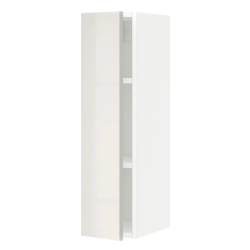 A modern white high gloss kitchen cabinet from the METOD system. The sleek, tall, rectangular design a smooth finish, ideal for contemporary kitchens.