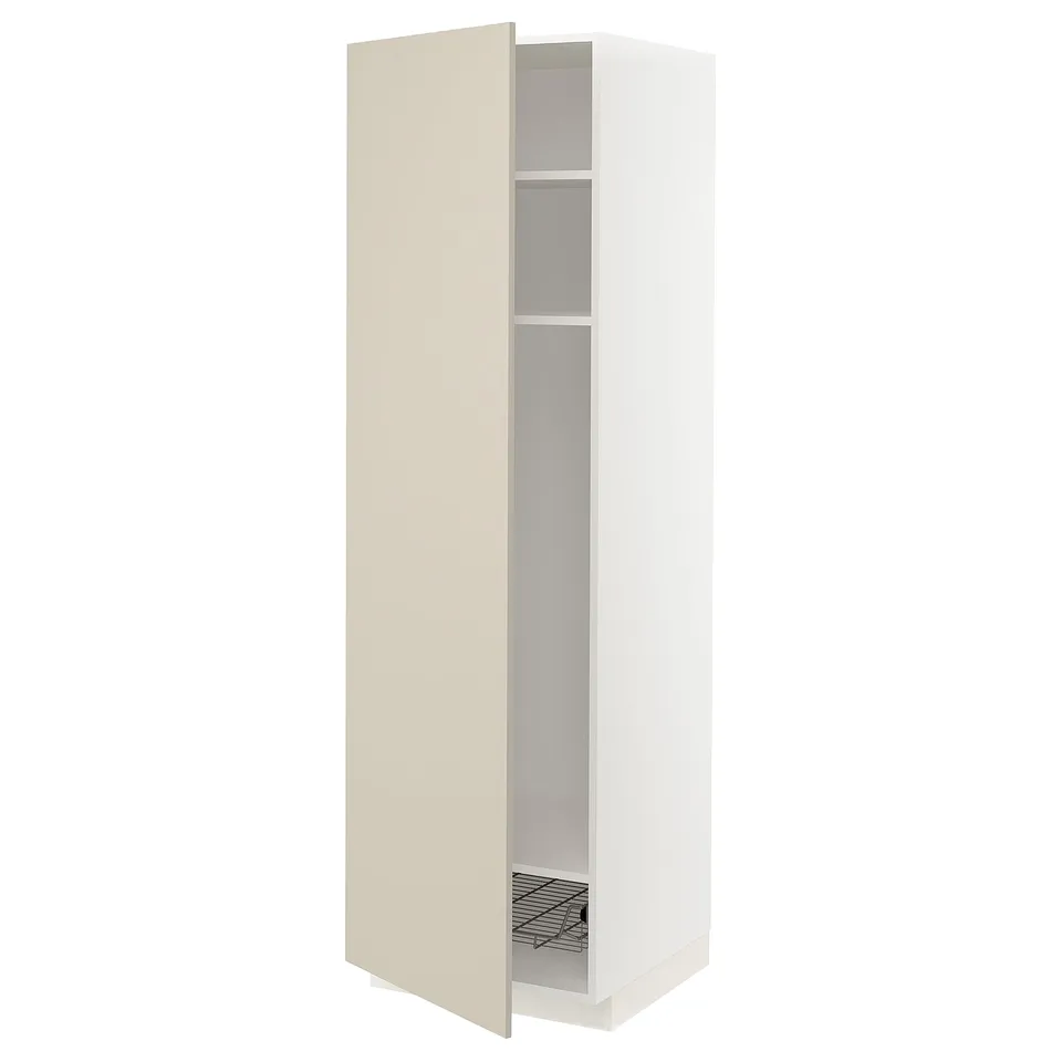 A tall, off-white METOD kitchen cabinet with one door open, revealing an adjustable shelf and a wire basket. Modern design with clean, smooth lines.