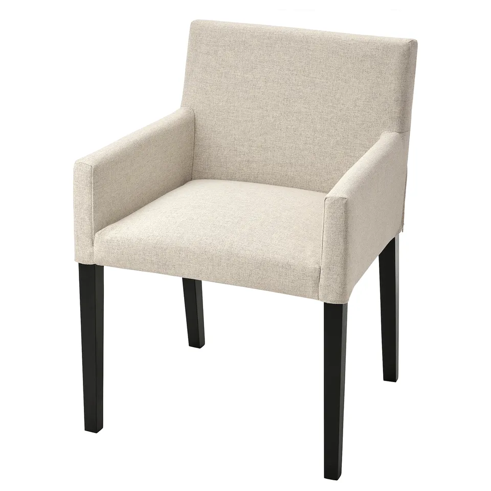 A beige MÅRENÄS chair. It has a cushioned seat, back, and armrests, and stands on black wooden legs.