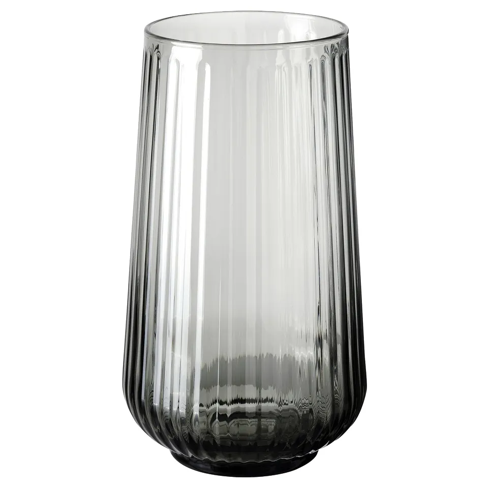 GRADVIS glass vase, grey, cylindrical shape with vertical grooves, elegant and minimalist design.