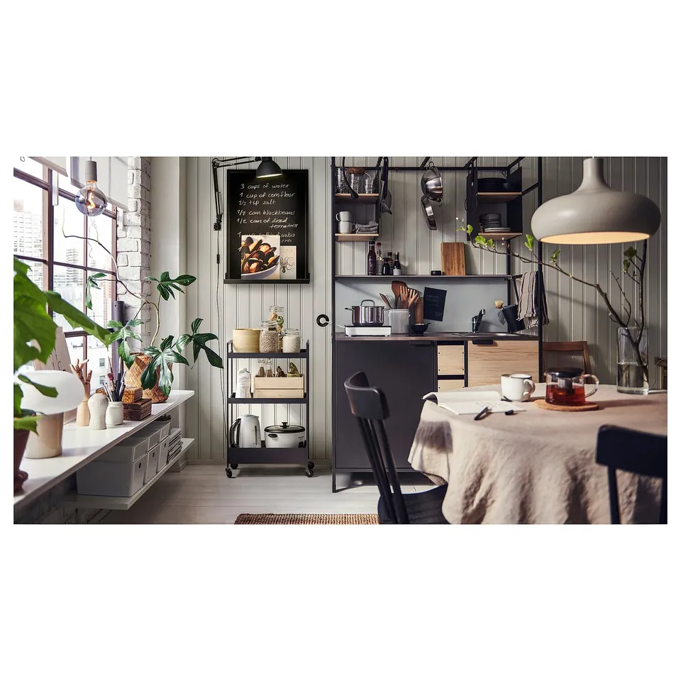 Modern kitchen with steel sink, hanging shelves, plants, and a black metal cart.