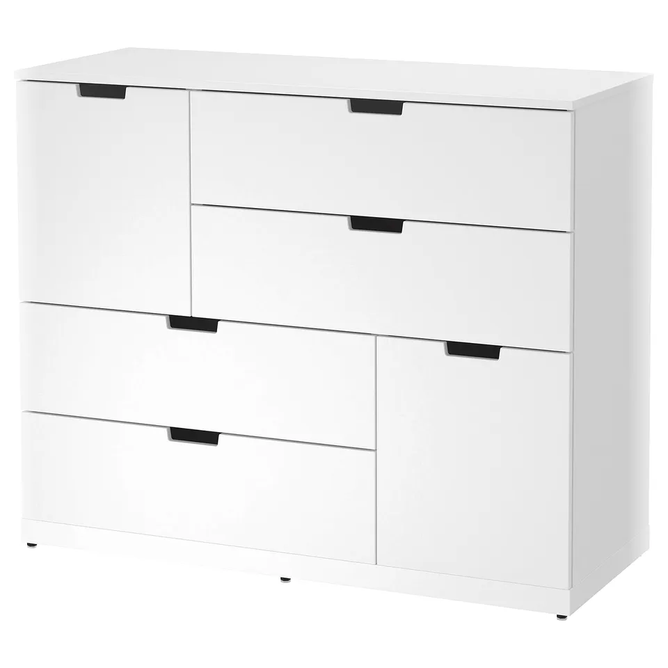 White NORDLI chest with six drawers, sleek minimalist design, made from particleboard and fibreboard.