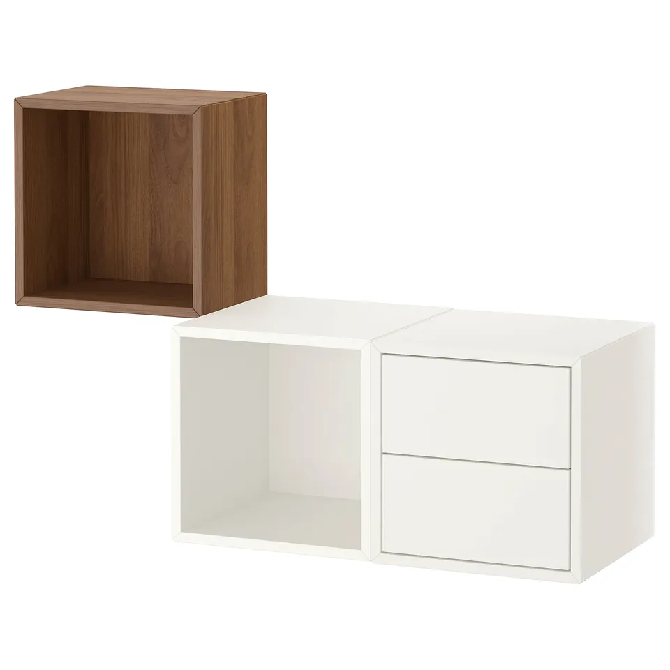 Two modern cube storage units, one brown and one white, offering open and closed storage with minimalist design.