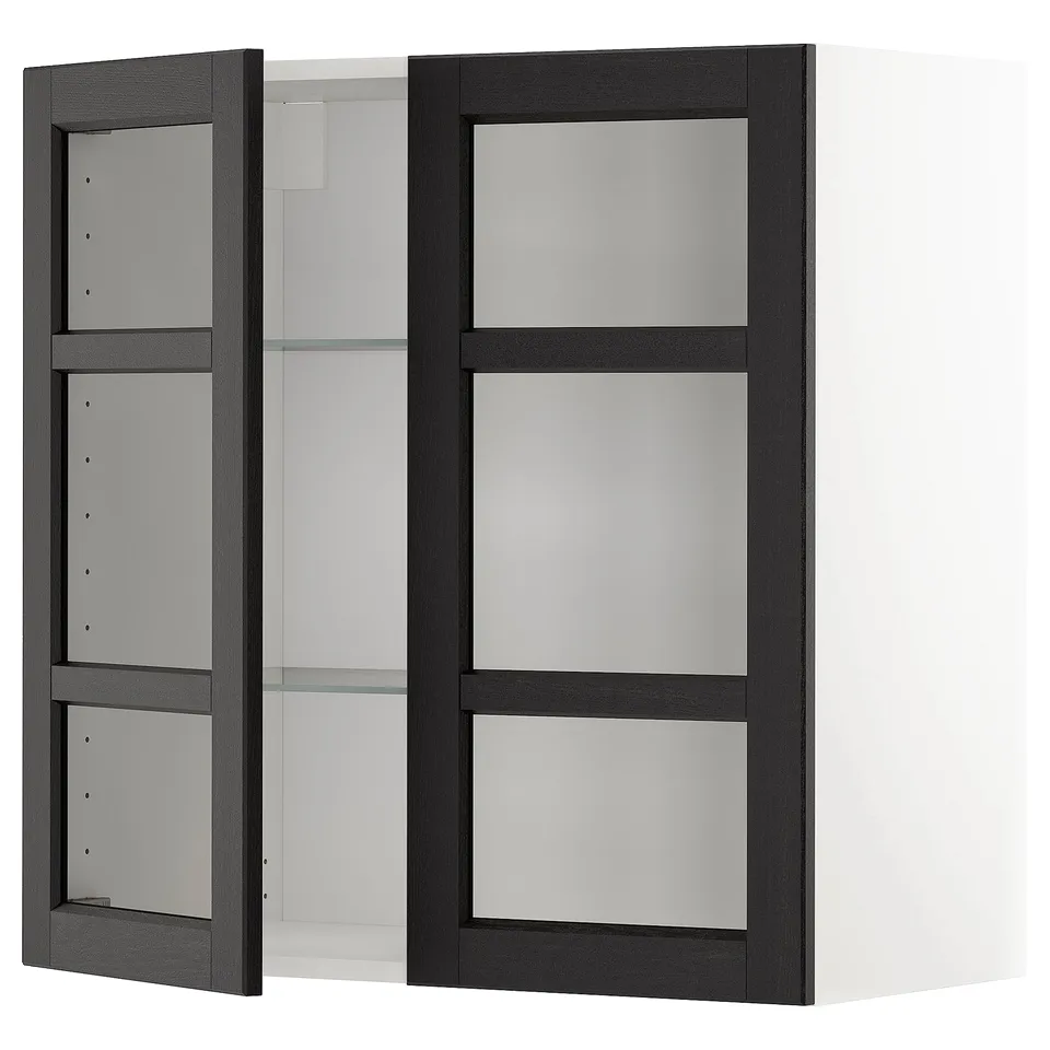 Black framed wall cabinet with glass doors, adjustable shelves, modern design.