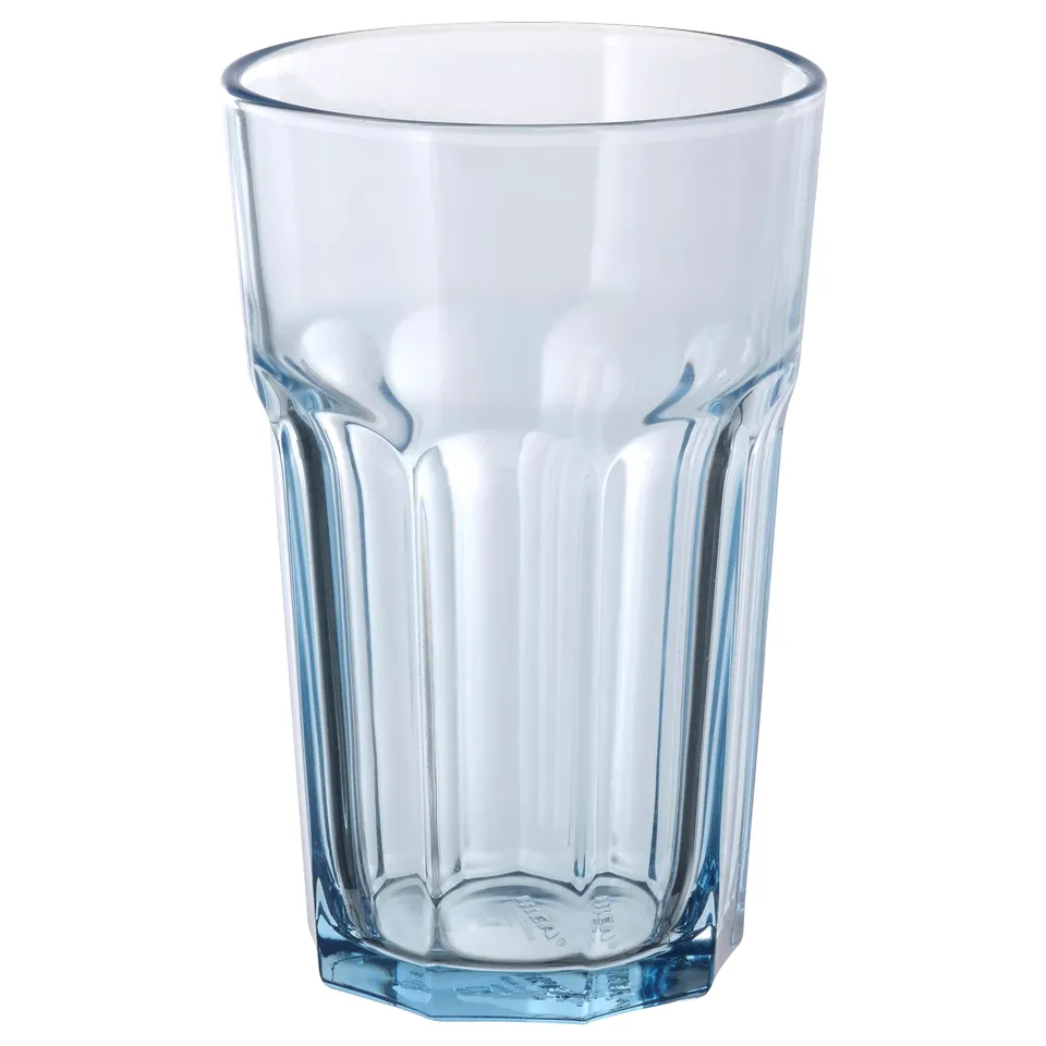 Clear glass tumbler with vertical ridges, classic design, durable tempered glass.