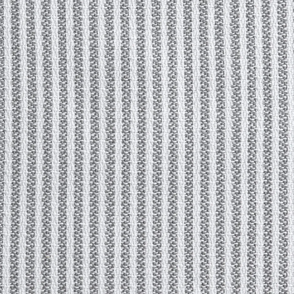 Close-up of striped fabric, clean and textured, blending grey and white hues, showcasing quality weave, suitable for home decor.