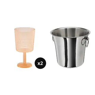 KALLSINNIG/SOLDRÄNKT set: wine glass + wine cooler, plastic/orange + stainless steel, 32 cl