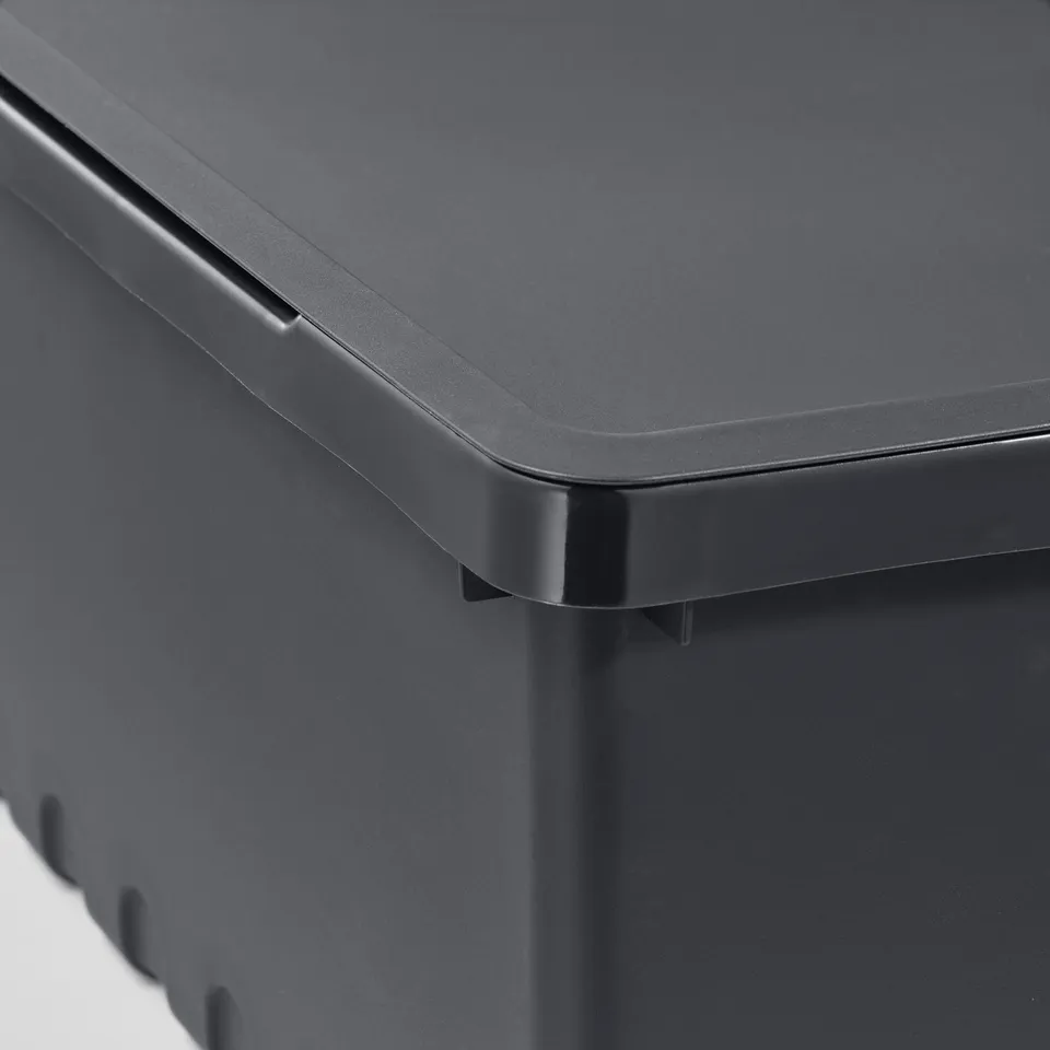 Black storage box with lid and locking mechanism.