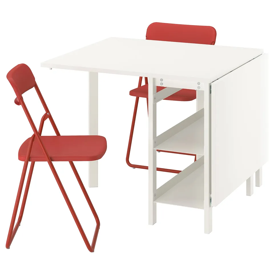 Image a white VIHALS foldable table with red chairs. Tables folds for space-saving, chairs fold for easy storage. Modern, minimalist design.