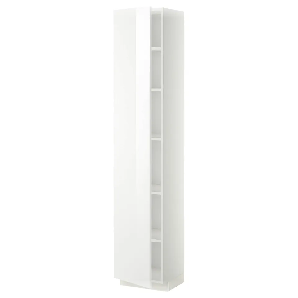 A white, tall, and slim cabinet from the METOD kitchen system. It has a glossy finish and offers storage with adjustable shelves.