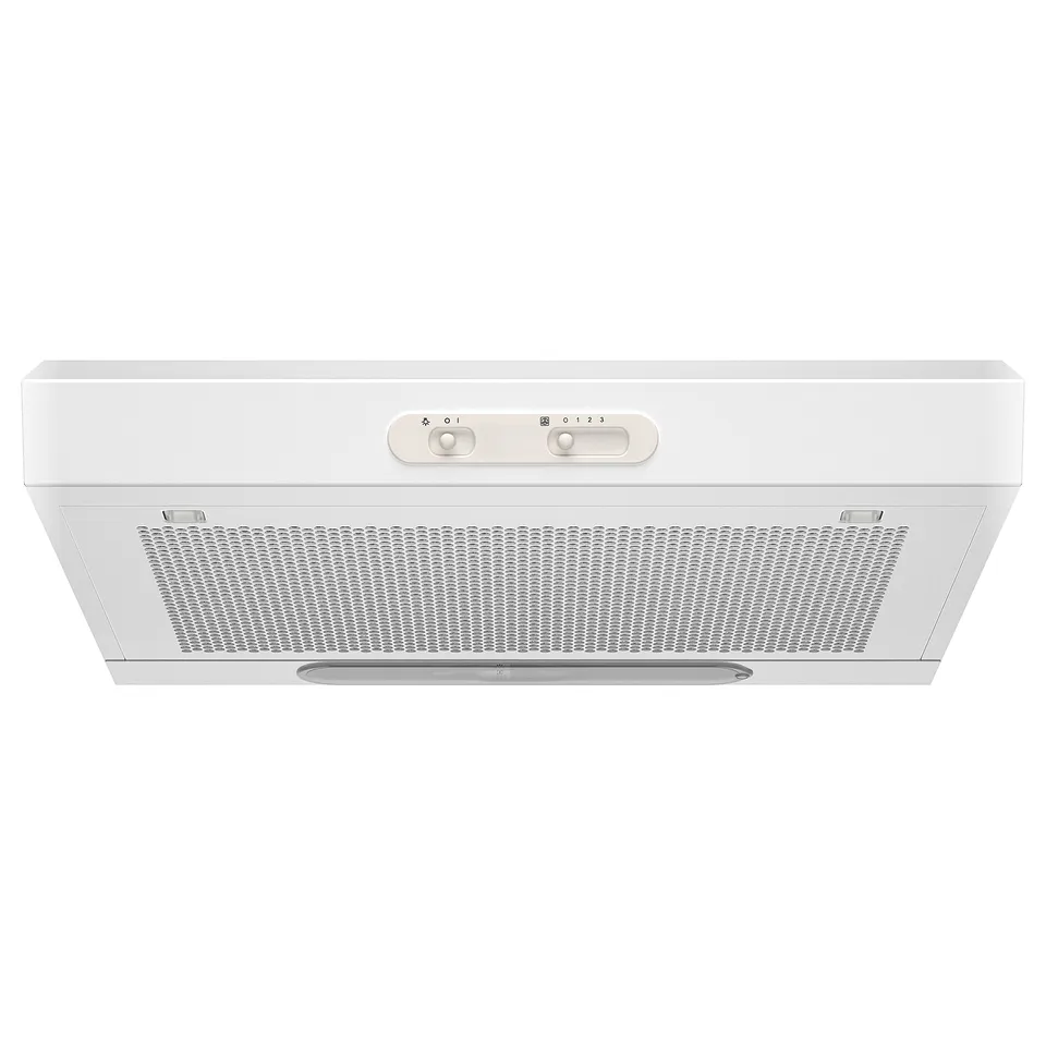 White kitchen hood with led light, control panel at front, ducted or recirculation mode.