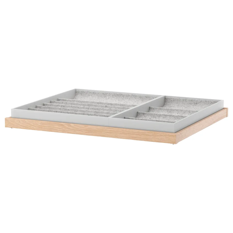 KOMPLEMENT tray, light wood, grey felt, rectangular, compartments for storage.