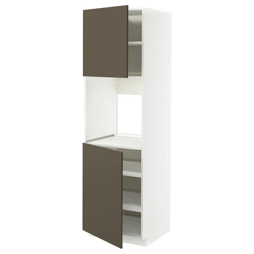 A white METOD kitchen cabinet with dark brown doors, one open revealing glass shelves.