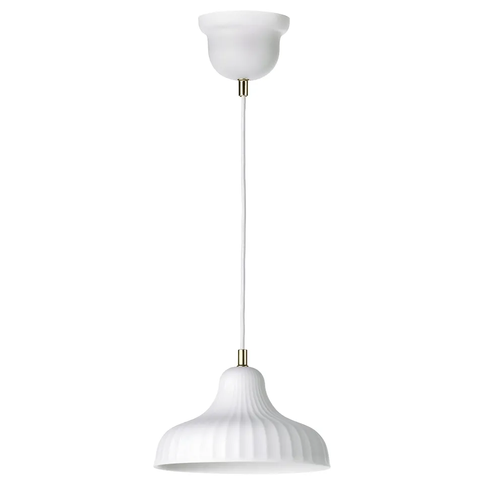 SKIVTOFS pendant lamp. White stoneware shade, hangs by cord, vintage design.