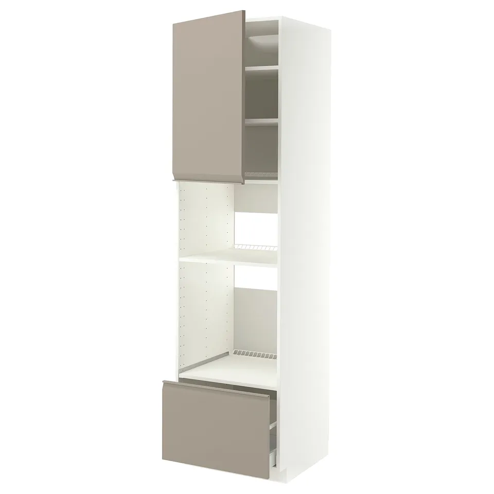 A beige and white IKEA METOD kitchen unit with drawers and shelves. It a sleek modern design with integrated handles and a sturdy frame.