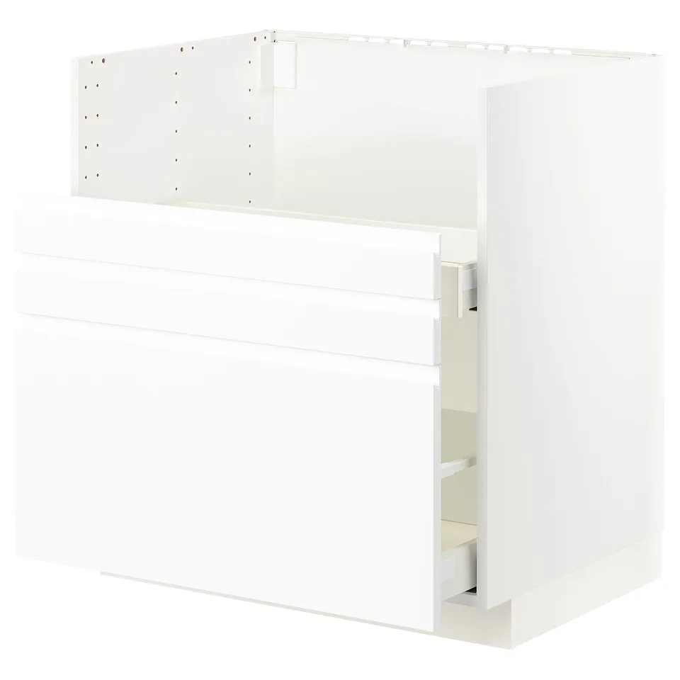 METOD kitchen unit in white with drawers and shelves, minimalist design.