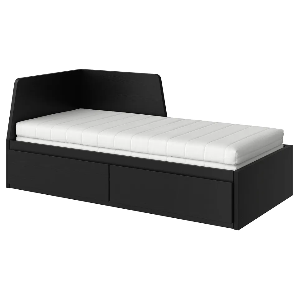 Modern black wood day-bed with foam mattress, two large drawers, versatile for small spaces, transforms into a single or double bed.