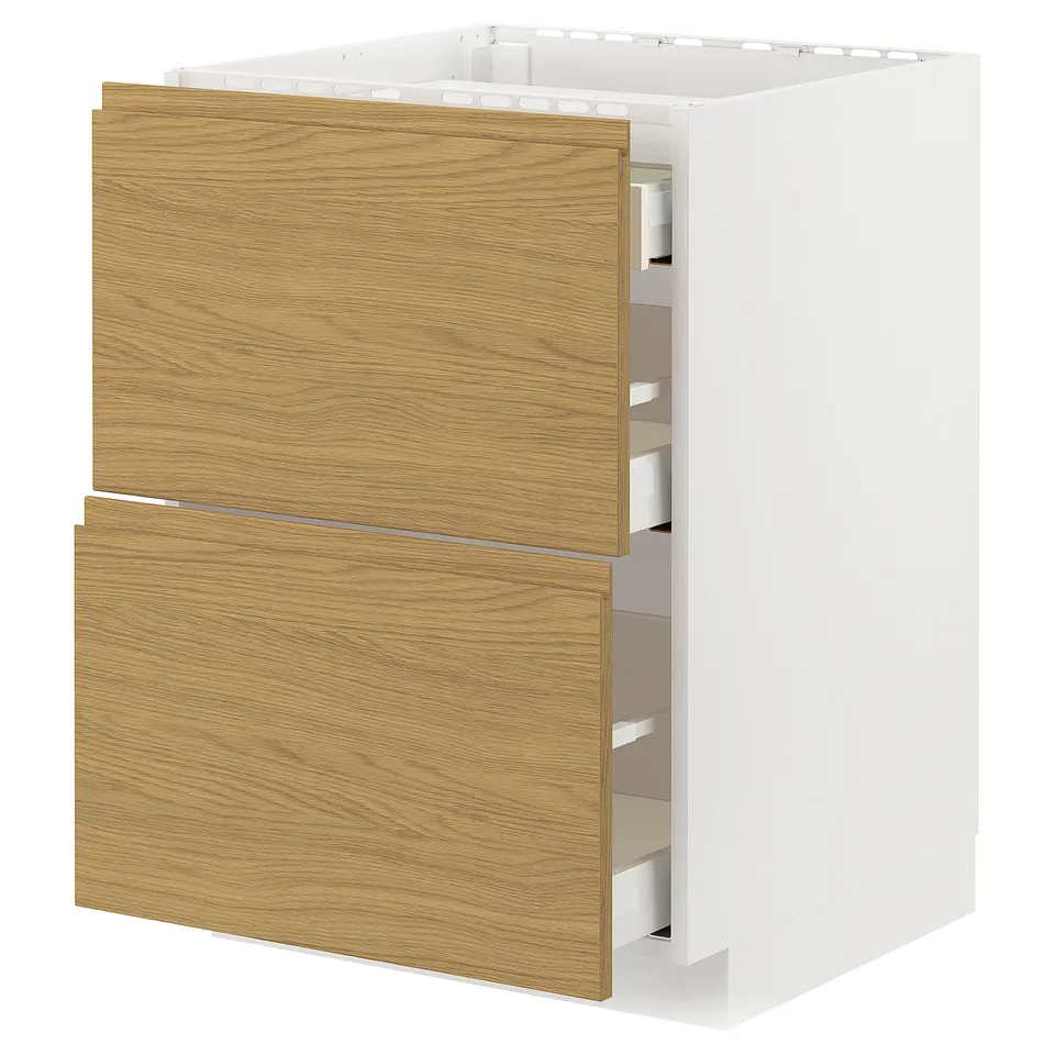 A METOD kitchen cabinet with oak finish and two wood-effect drawers. It has a minimalist design with integrated handles.