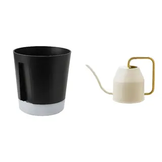 VATTENKRASSE/VÅRDTRÄD set: self-watering plant pot + watering can, in/outdoor transparent/anthracite + ivory/gold-colour, 24 cm