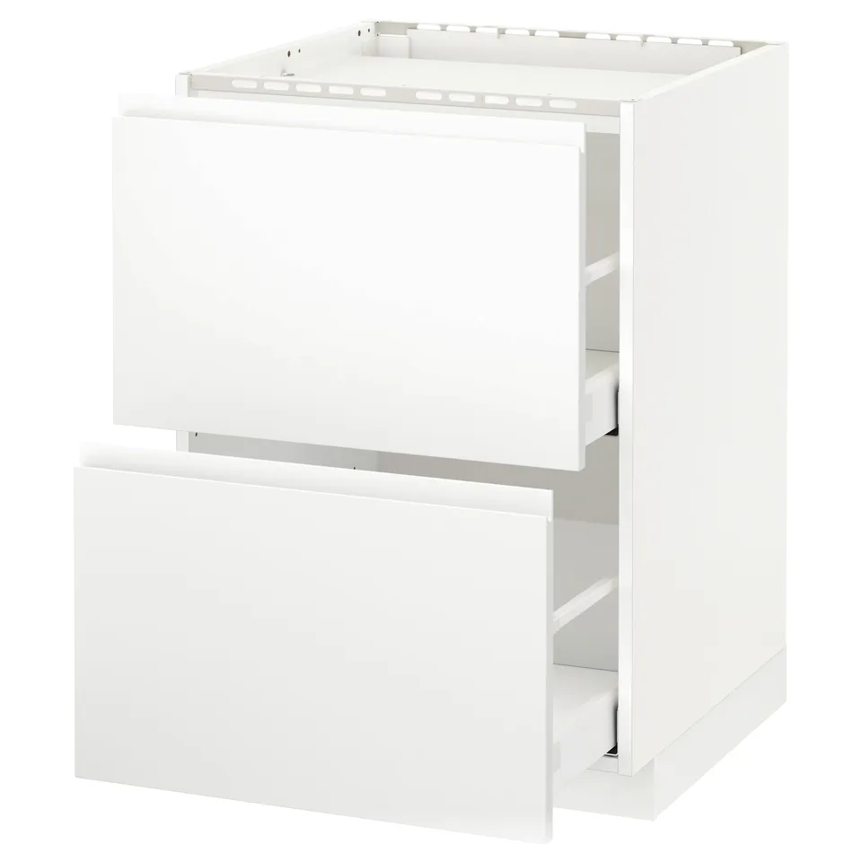 A white METOD kitchen cabinet with a matte finish and integrated handles. It a sturdy frame and smooth-running drawers.